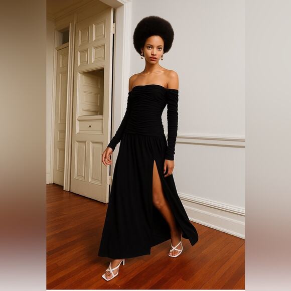 TANYA TAYLOR Marla Ruched Maxi Fit and Flare Dress Off Shoulder Long Sleeve NEW - Picture 2 of 16